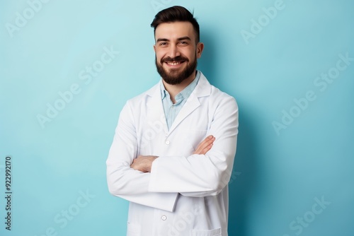 Bearded Male Doctor with Arms Crossed Smiling in Front of Blue Background