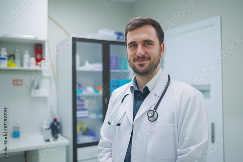 Smiling Male Doctor with Stethoscope in Medical Office
