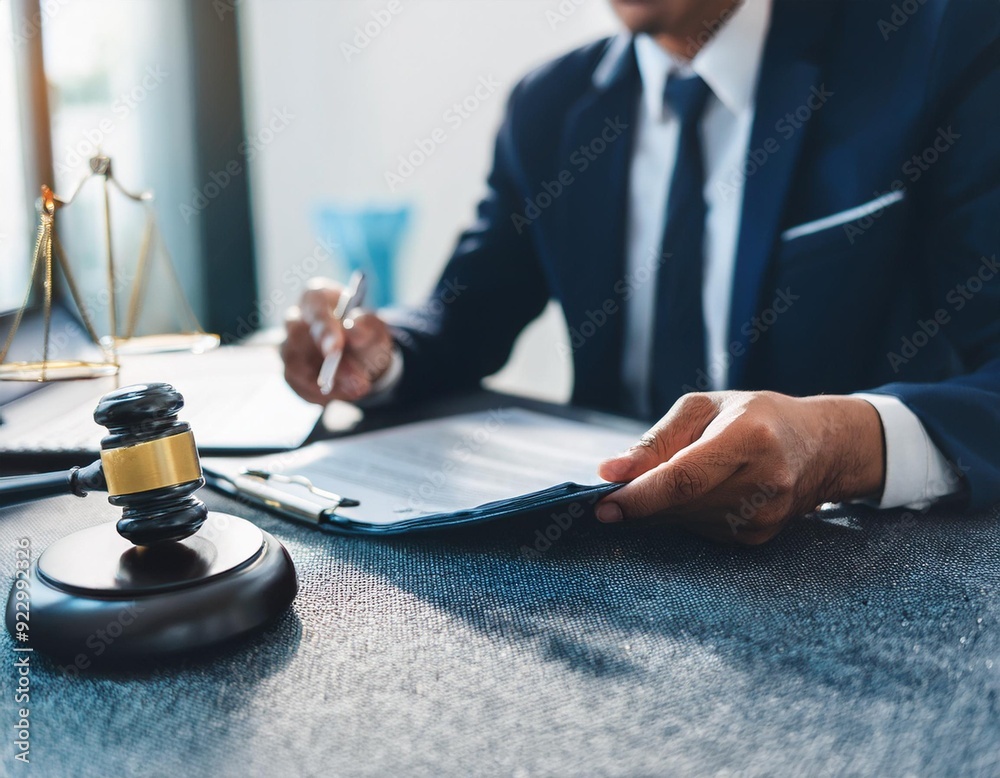 A panoramic banner featuring a lawyer or legal advisor meticulously reading and reviewing a contract document. The composition offers ample copy space for text, making it ideal for legal services. A panoramic banner featuring a lawyer or legal advisor meticulously reading and reviewing a contract document. The composition offers ample copy space for text, making it ideal for legal services.