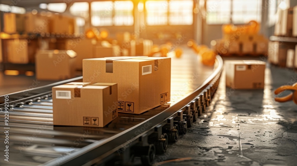 A conveyor belt with boxes on it A conveyor belt with boxes on it