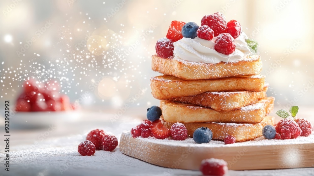 Stack of French toast with whipped cream and berries. Stack of French toast with whipped cream and berries.
