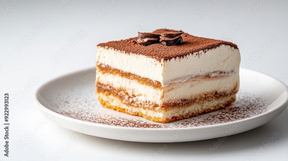 Minimalist composition of tiramisu slice with layers and cocoa-dusted top on white background, emphasizing elegance and simplicity. Minimalist composition of tiramisu slice with layers and cocoa-dusted top on white background, emphasizing elegance and simplicity.