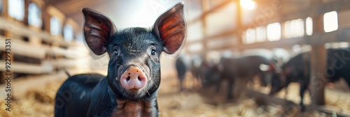 Close-up of a black pig in a stable demonstrating swine husbandry practices in a clean and well-maintained indoor setting.