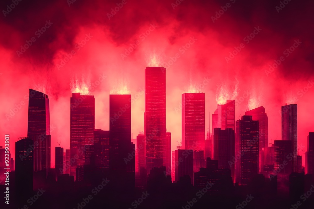 Fototapeta premium A cityscape with a red sky and buildings on fire