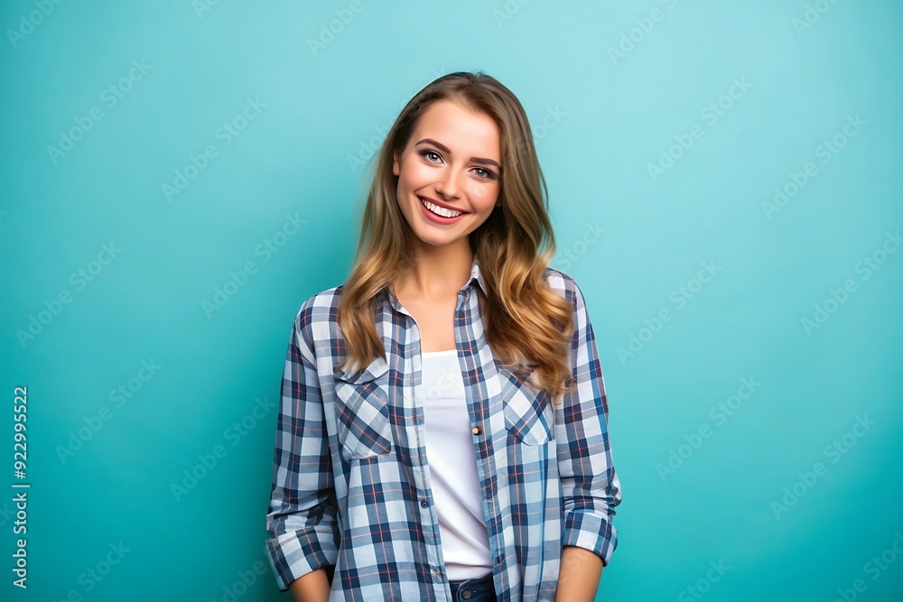 Happy woman in a plaid shirt smiling. Happy woman in a plaid shirt smiling.