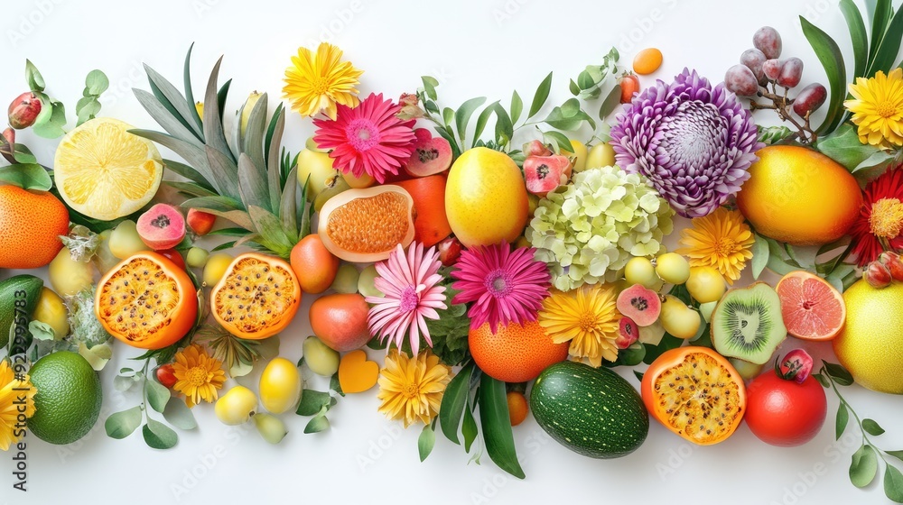 Bold and vibrant 3D illustration of fruits, vegetables, and colorful flowers on a clean white background, perfect for magazine covers Bold and vibrant 3D illustration of fruits, vegetables, and colorful flowers on a clean white background, perfect for magazine covers