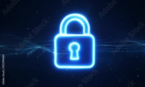 glowing neon blue color lock animation icon security privacy password protection safety animated on black background 