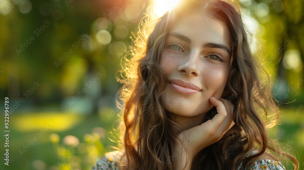 Young woman with long brown hair smiles warmly at the camera. The sun shines through her hair and creates a soft glow around her face. She is outdoors in a lush green park. Young woman with long brown hair smiles warmly at the camera. The sun shines through her hair and creates a soft glow around her face. She is outdoors in a lush green park.