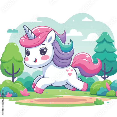 a cartoon unicorn running happily in park