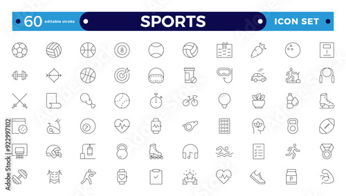 Sports icon set. Containing football, basketball, trophy, competition, medal, gym, volleyball and more. Editable stroke outline icon. 