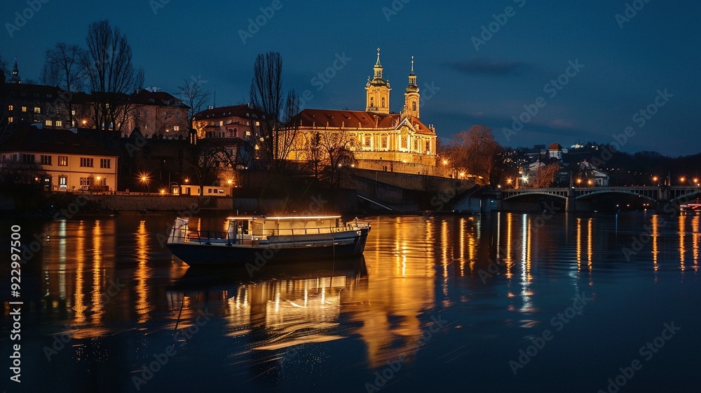 Illuminated Church and Boat on a Calm River at Night Illuminated Church and Boat on a Calm River at Night