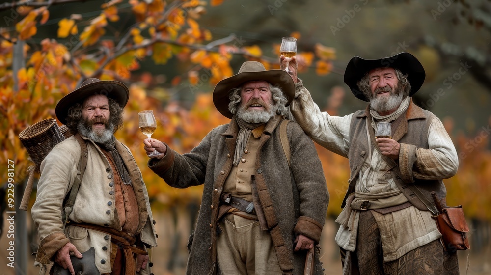 Fototapeta premium Peasants celebrating successful harvest, raising wine glasses in joy amidst grapevines