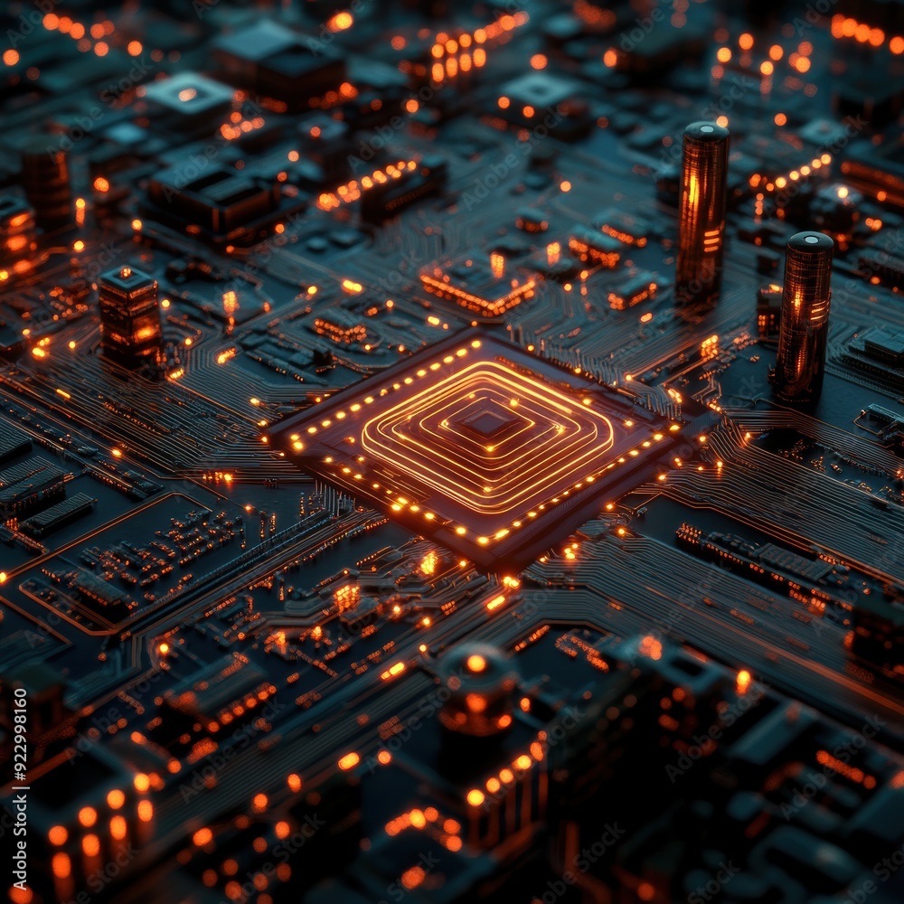 Obraz premium A futuristic cityscape resembling a circuit board, with illuminated pathways and structures, representing technology, connectivity, and cutting-edge digital infrastructure.