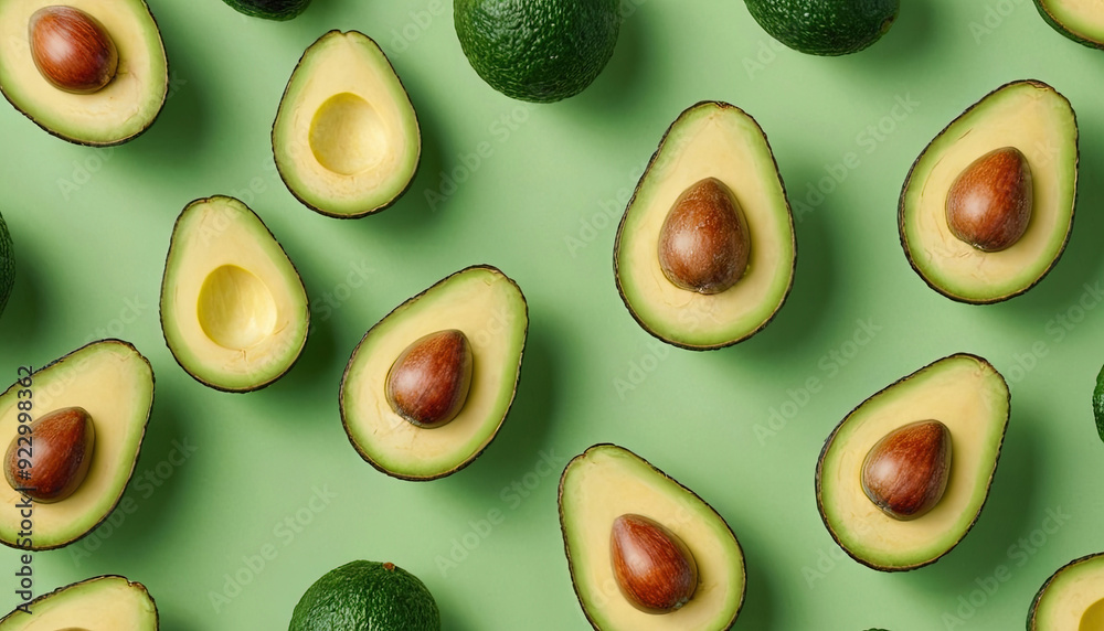 Pattern of fresh halved avocados with seeds on green background.
