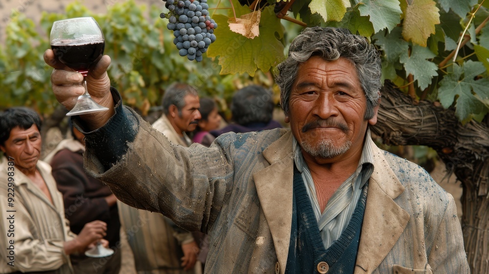 Peasants celebrating successful harvest with wine surrounded by grapevines and joyous expressions Peasants celebrating successful harvest with wine surrounded by grapevines and joyous expressions