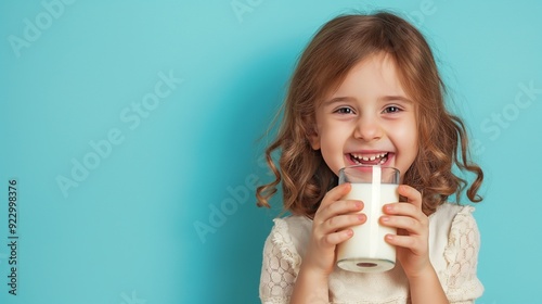 A happy little kid drink milk from glass