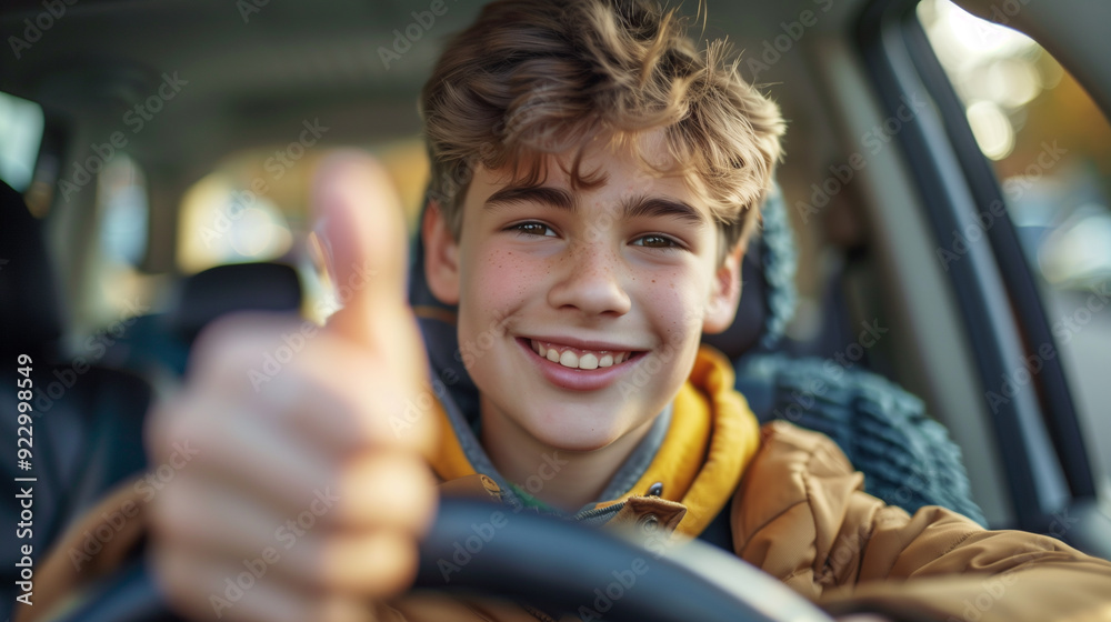 Teenager with a big smile behind the wheel, parent in the passenger seat giving a thumbs up, sense of achievement and pride. Teenager with a big smile behind the wheel, parent in the passenger seat giving a thumbs up, sense of achievement and pride.