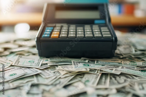 Cash Register Surrounded by Dollar Bills photo