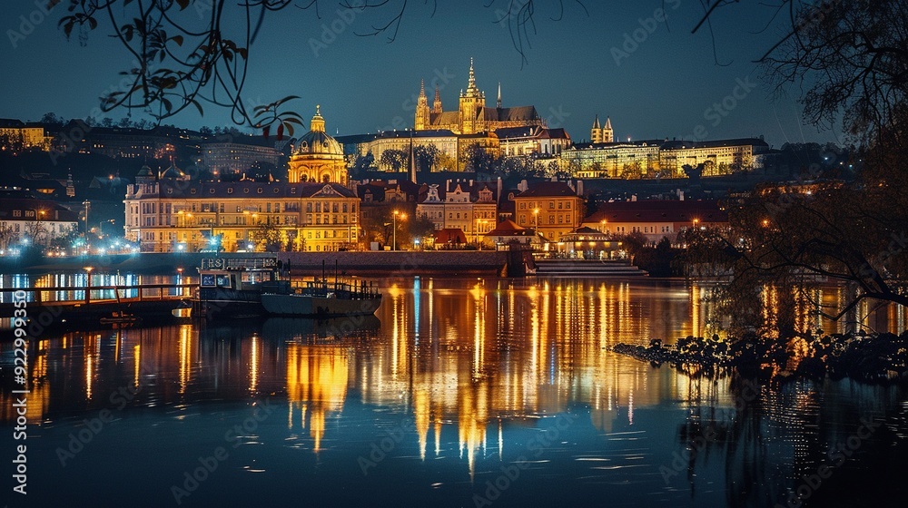 Prague Castle Illuminated at Night Reflecting in the Vltava River Prague Castle Illuminated at Night Reflecting in the Vltava River