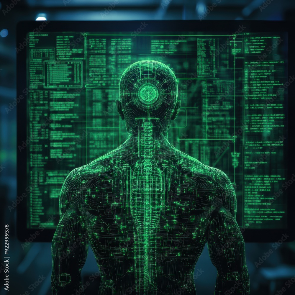 A digital representation of a human with a luminous, enhanced spine interface, symbolizing cutting-edge technology, human augmentation, and cybernetic fusion. A digital representation of a human with a luminous, enhanced spine interface, symbolizing cutting-edge technology, human augmentation, and cybernetic fusion.