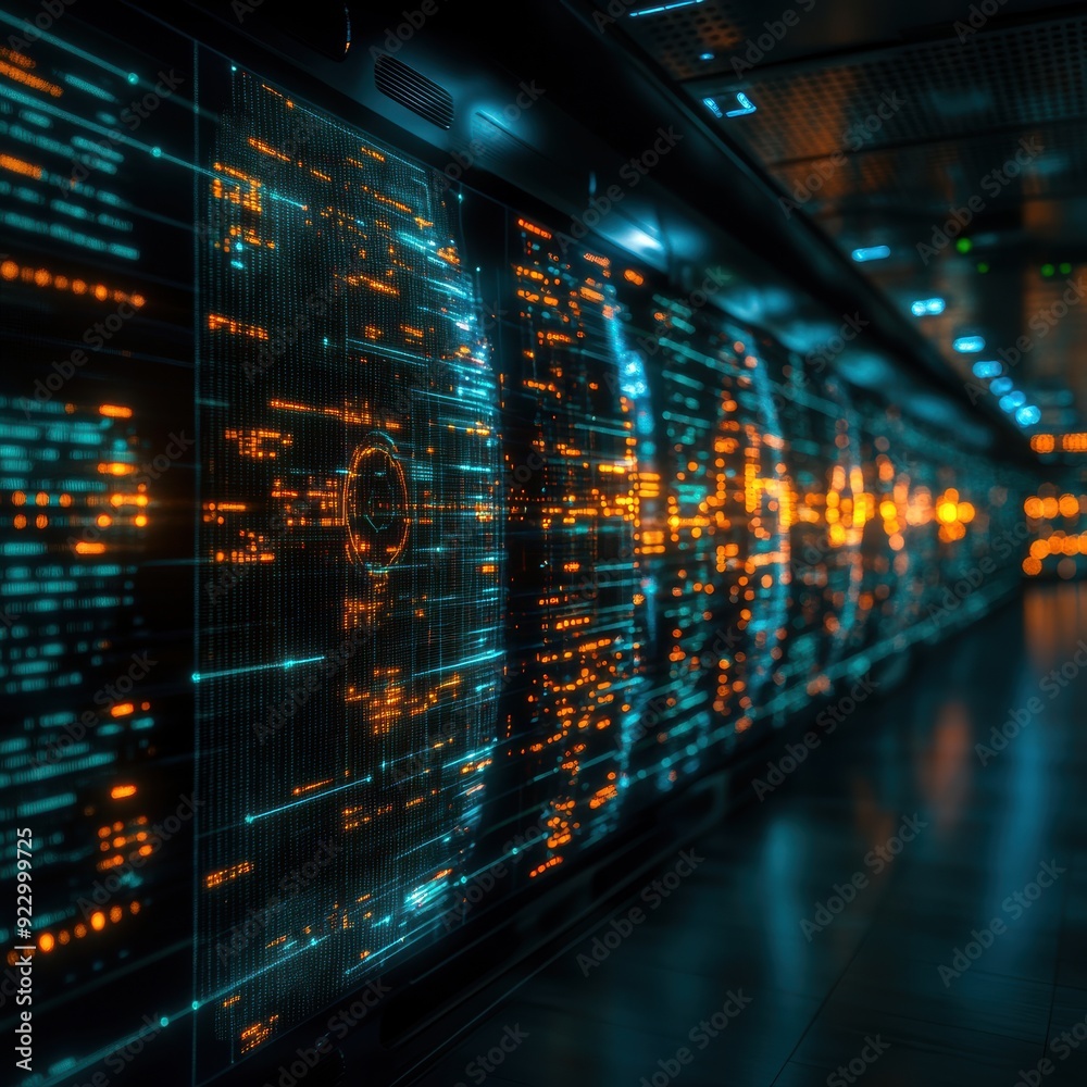 Fototapeta premium A high-tech data center corridor illuminated by glowing digital interfaces, showcasing advanced computing, data processing, and futuristic technology infrastructure.