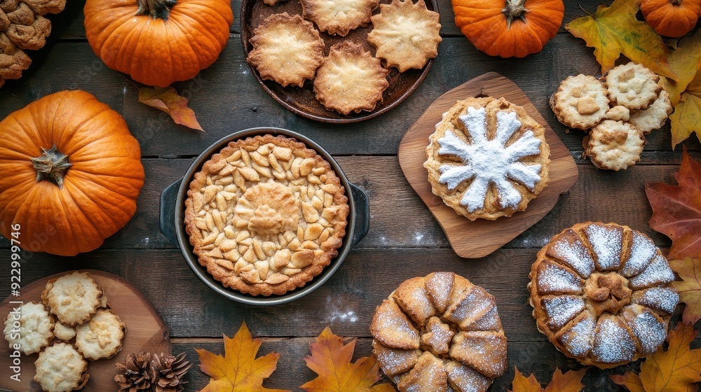 A table full of pumpkin pies and other baked goods A table full of pumpkin pies and other baked goods