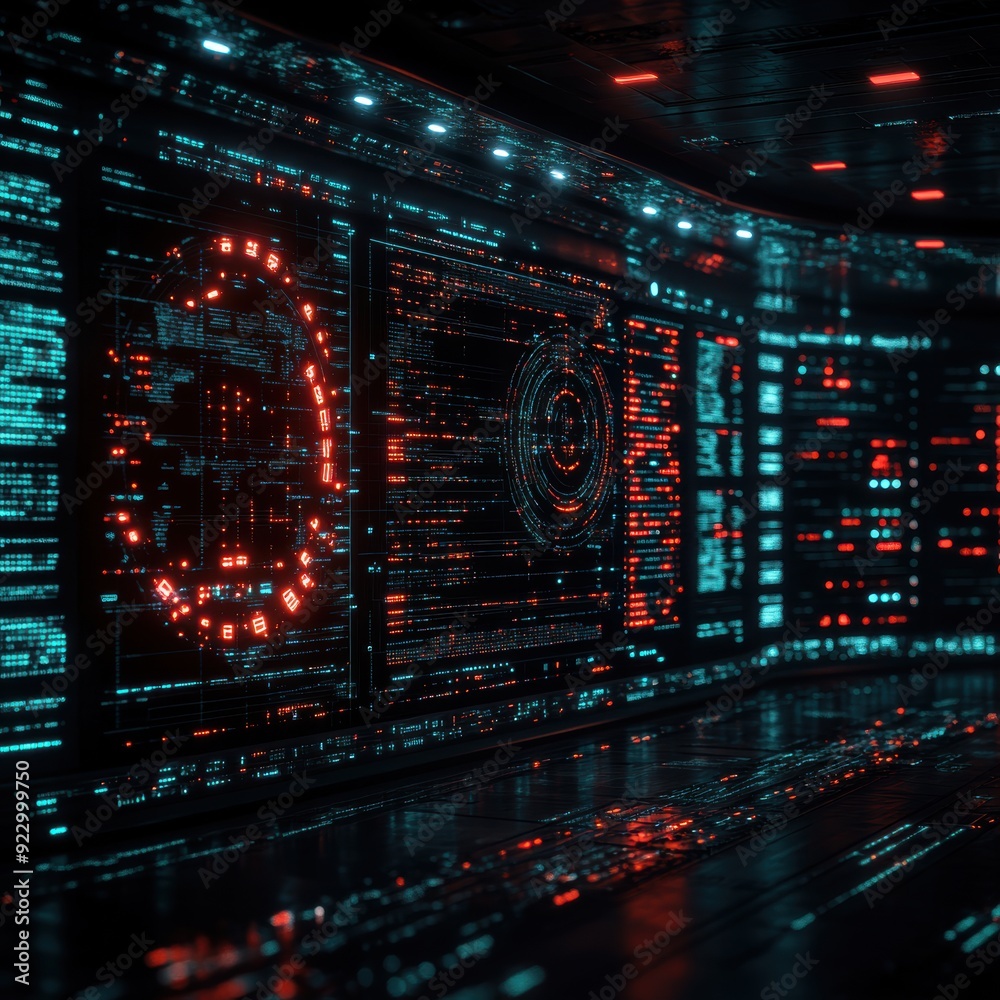 Obraz premium Glowing digital interfaces illuminate a high-tech data center corridor, showcasing cutting-edge computing, data processing, and the infrastructure of future technology.
