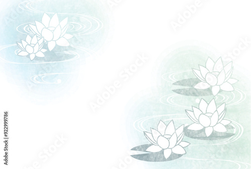 喪中はがき、蓮、イラスト、線画、かわいい、背景、横