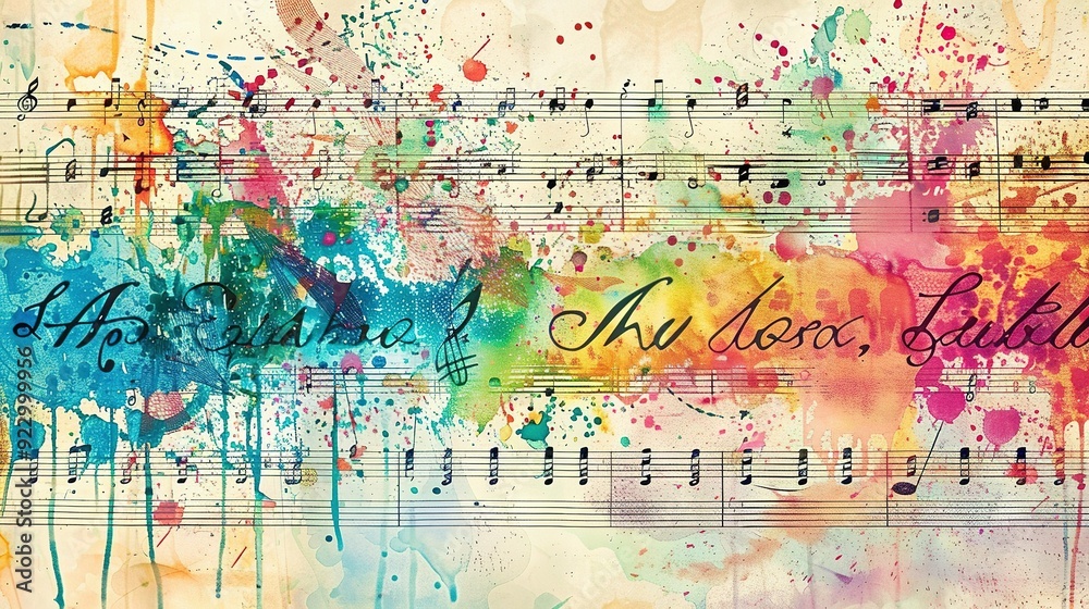 Obraz premium Watercolor Abstract Painting of Music Sheet with Splashes and 