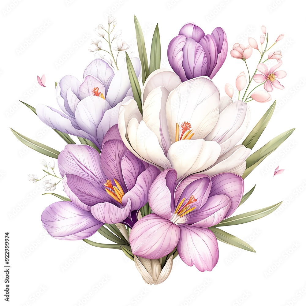 Obraz premium Watercolor crocus clipart with delicate purple and white flowers.