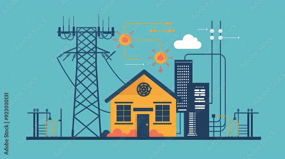A house is shown with a power line in the background