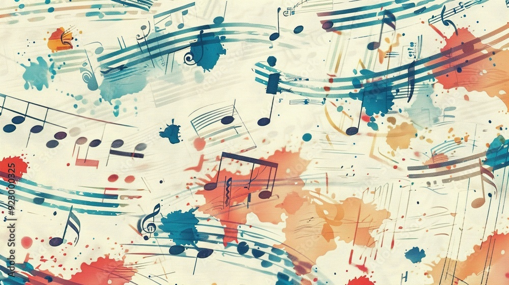 Fototapeta Abstract Watercolor Painting with Musical Notes and Splashes
