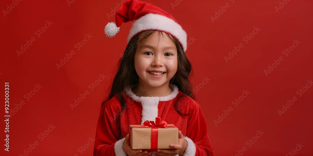 A happy smile young kid wear christmas costume holding gift box A happy smile young kid wear christmas costume holding gift box