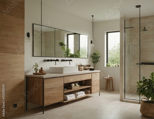 Modern bathroom interior with wood vanity, white sink, and walk-in shower.