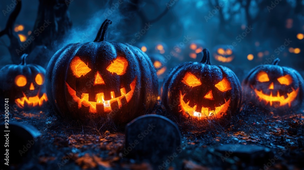 Naklejka premium Glowing carved pumpkins in misty graveyard at night