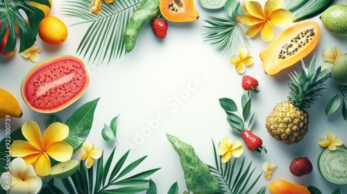 Dynamic 3D layout with a mix of tropical fruits, crisp veggies, and delicate flower watermarks on white