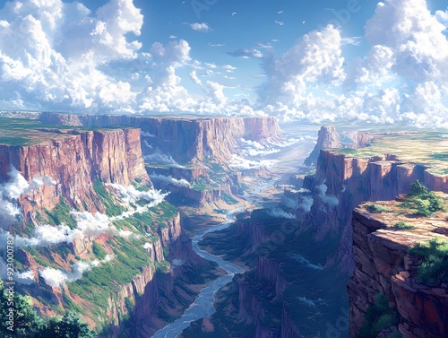 Mountain Range Canyon with River and Clouds Illustration