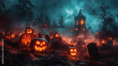 Glowing carved pumpkins in misty graveyard at night