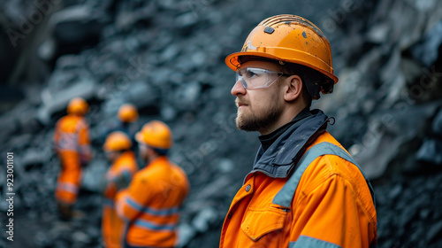 Workers in protective gear operating machinery or inspecting rock formations, teamwork and communication.