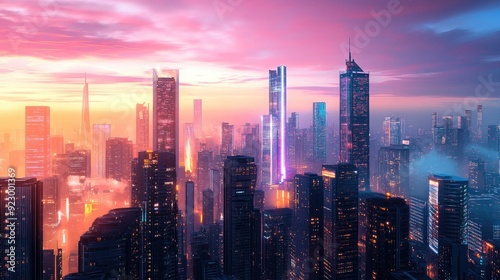 Wallpaper Mural Futuristic cityscape at sunset with glowing skyscrapers and sleek modern designs, creating a vibrant, colorful urban skyline Torontodigital.ca