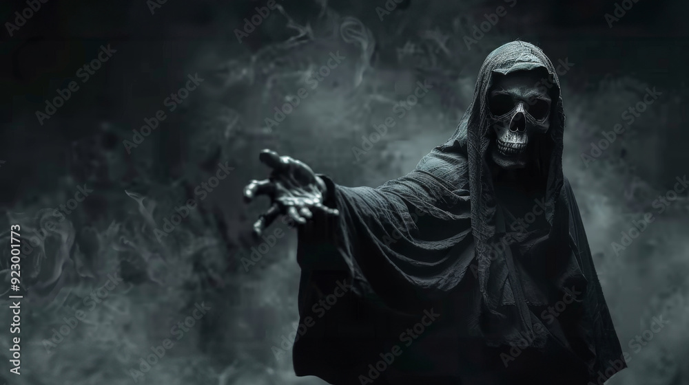 A hooded grim reaper extends a skeletal hand in a smoky, dark environment, illuminated by a single candle, evoking fear and death. Concept: mortality