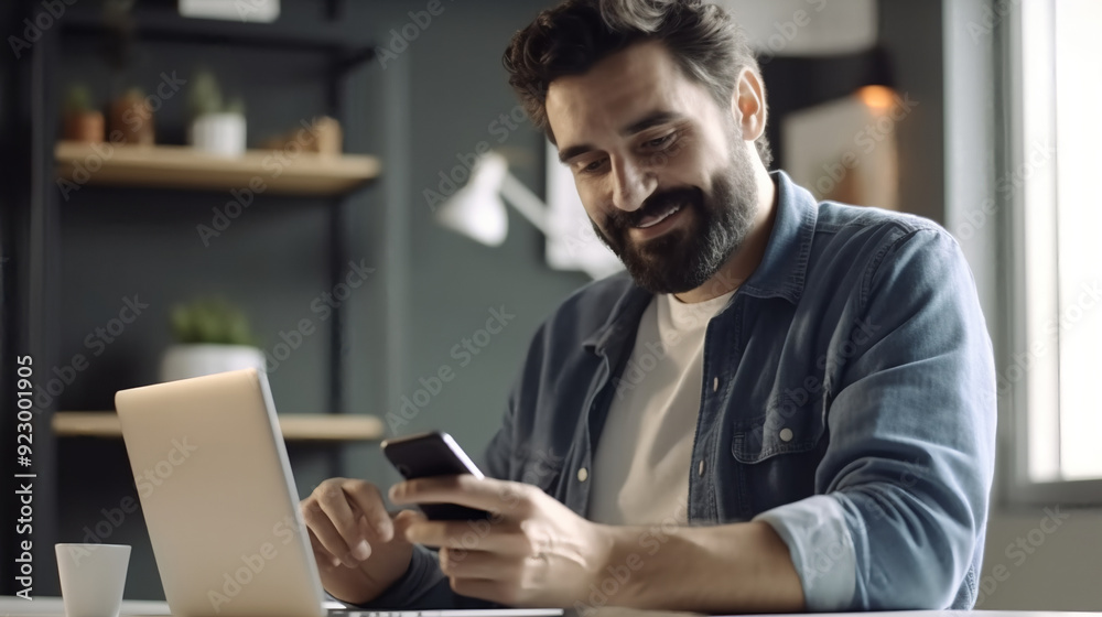 A handsome man in casual is using a smartphone at his home office desk. A handsome man in casual is using a smartphone at his home office desk.