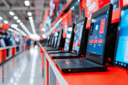 Shoppers exploring the latest gadgets in a tech store photo