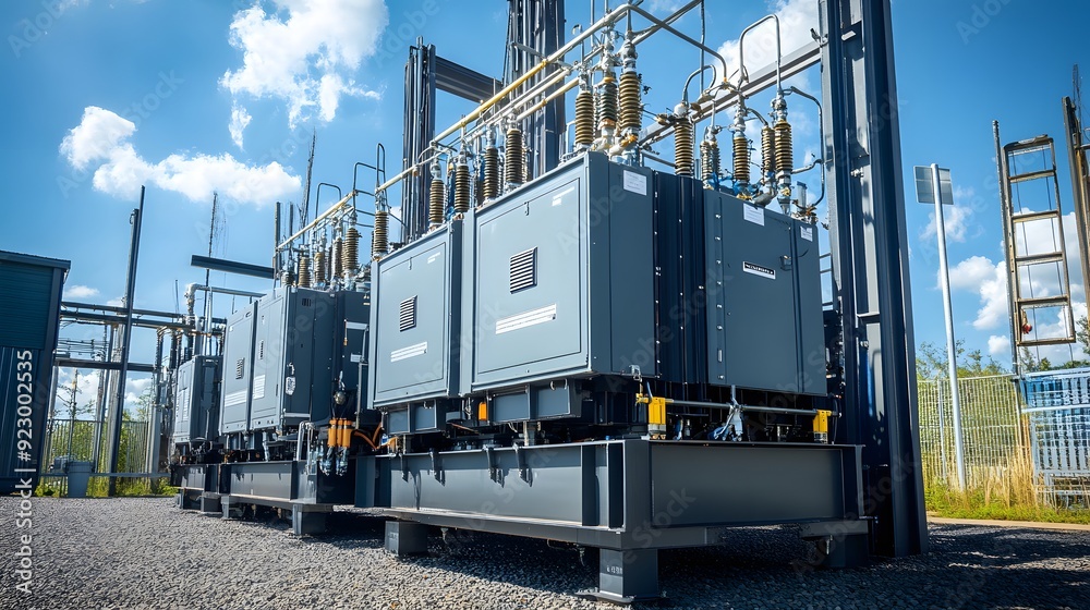A large electrical panel with many switches and a lot of wires. The panel is on a platform and is surrounded by a fence A large electrical panel with many switches and a lot of wires. The panel is on a platform and is surrounded by a fence