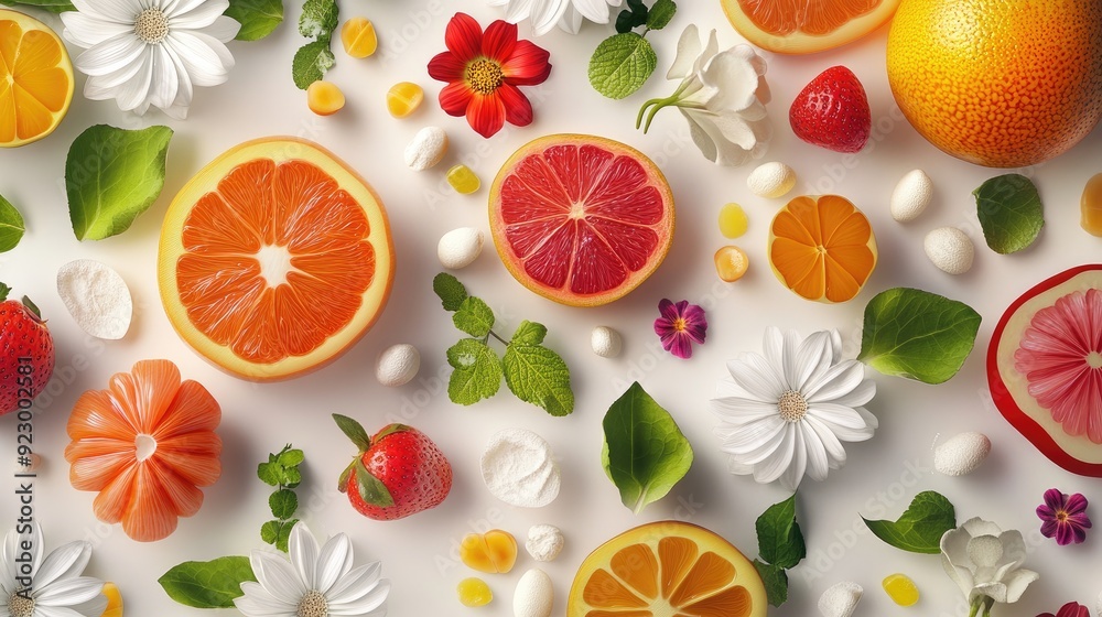 Lush 3D vector of fresh fruits and veggies, adorned with elegant flower patterns on a clean white canvas Lush 3D vector of fresh fruits and veggies, adorned with elegant flower patterns on a clean white canvas