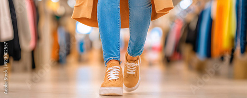 Shopper walking through a retail store in jeans and sneakers photo