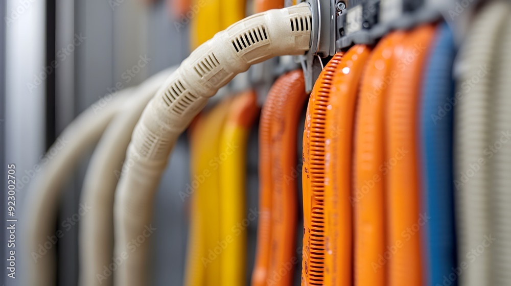 A bunch of wires are hanging on a wall, some of them are orange and yellow. The wires are connected to a power source and are likely used for electrical work A bunch of wires are hanging on a wall, some of them are orange and yellow. The wires are connected to a power source and are likely used for electrical work