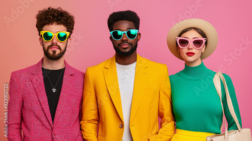 Stylish group of friends posing with Black Friday purchases photo