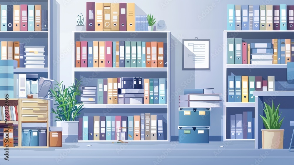 A large room with a lot of bookshelves and a potted plant