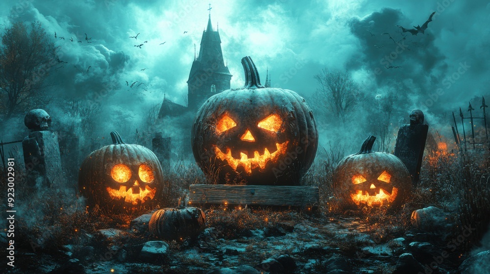 Naklejka premium Halloween card with pumpkins, zombies, and graveyard sign